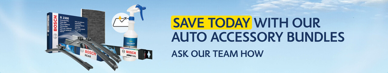 Visual advertisement featuring auto accessory bundles, emphasizing savings available for customers today.